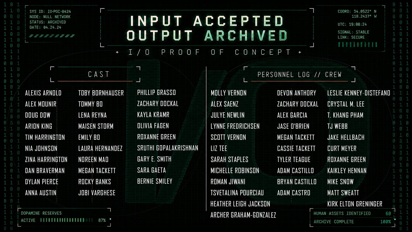 I/O proof of concept cast and crew archive plate