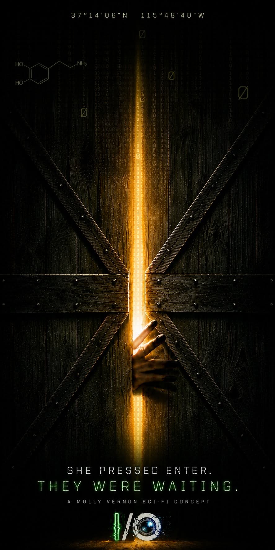 I/O key art: a hand presses into a dark wooden door split by a vertical amber light, with the tagline She pressed enter. They were waiting.