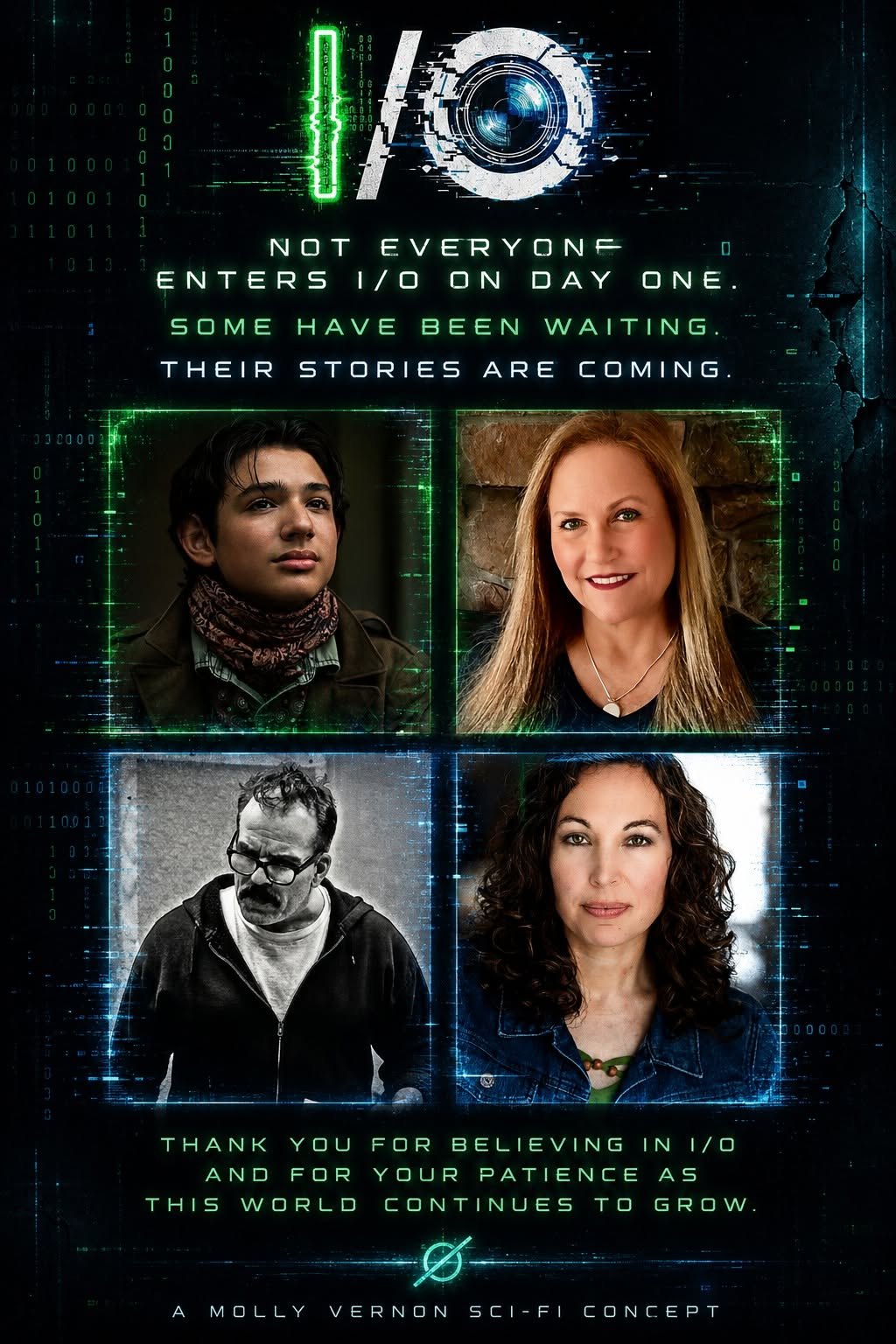I/O graphic featuring four cast portraits.