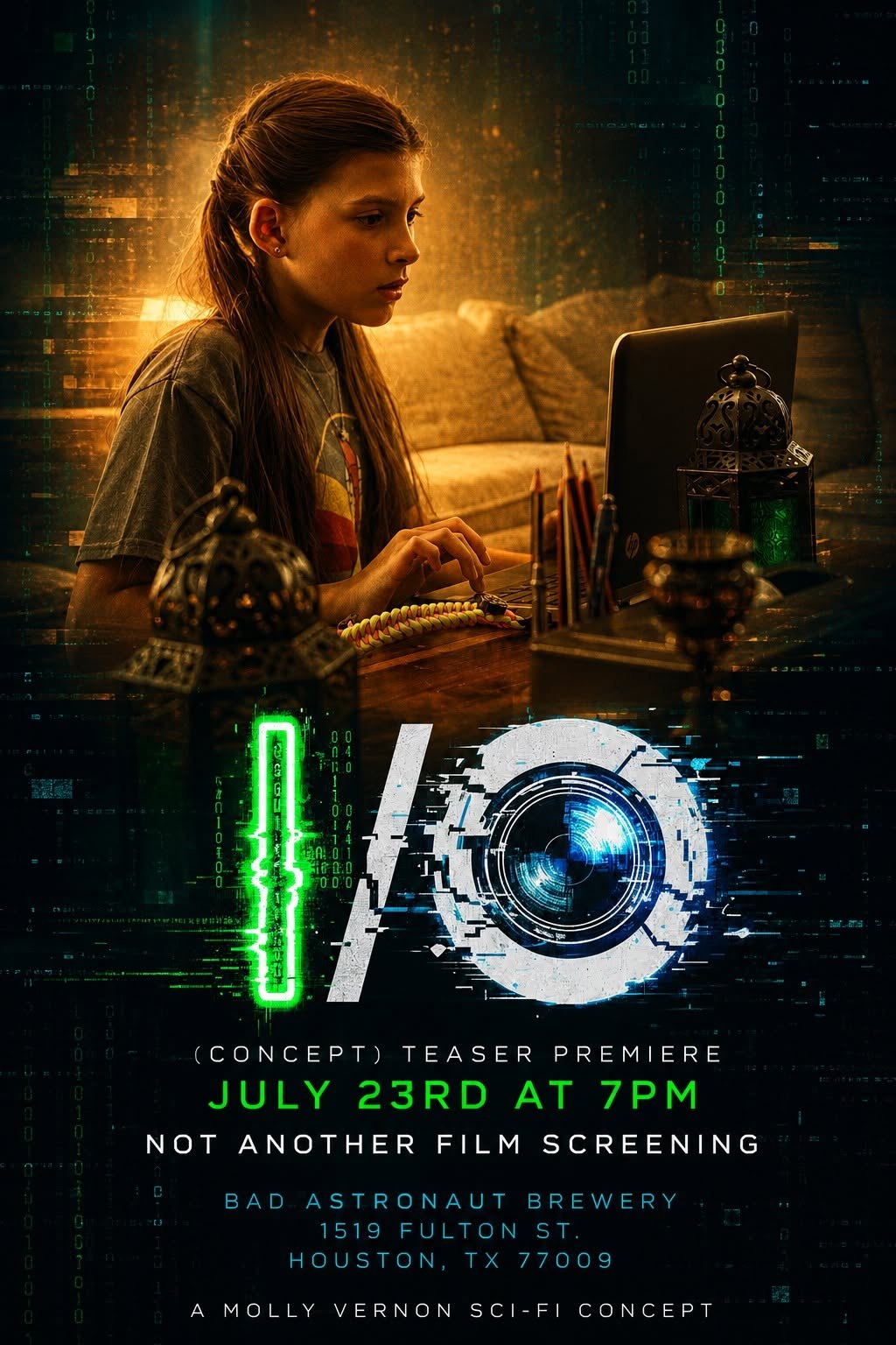 Historical I/O premiere poster of a young woman at a laptop with Bad Astronaut Brewery details.