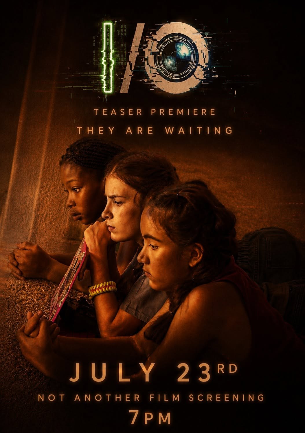 I/O teaser premiere poster with three cast profiles; historical July 23 screening.